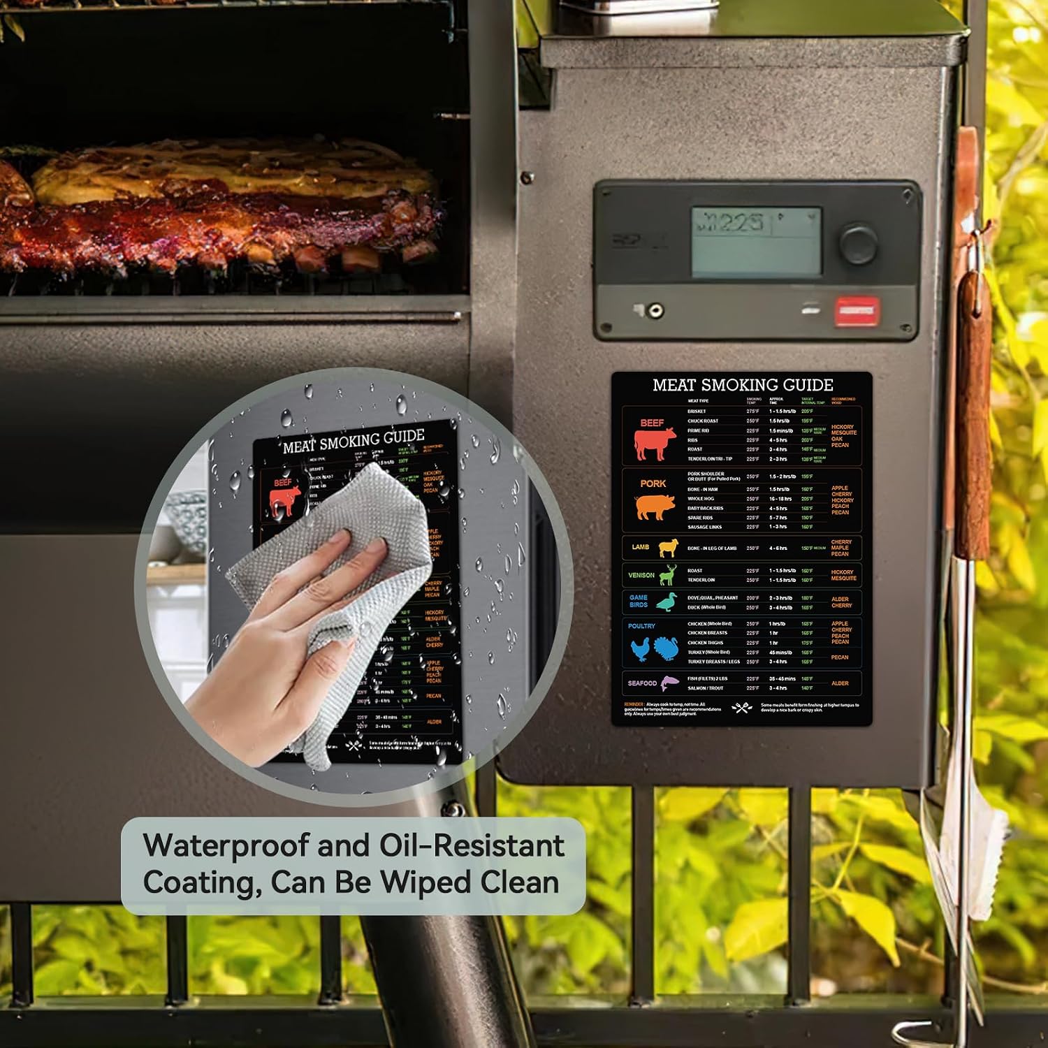 Magnetic Meat Temperature Chart, Smoking Guide for Smoker Grill with Time | Strong Magnetic, Waterproof, Oil-Resistant, Include 24 Meat Types, Accurate Temp & Time, Easy to Read, Portable, Wood Flavor 3