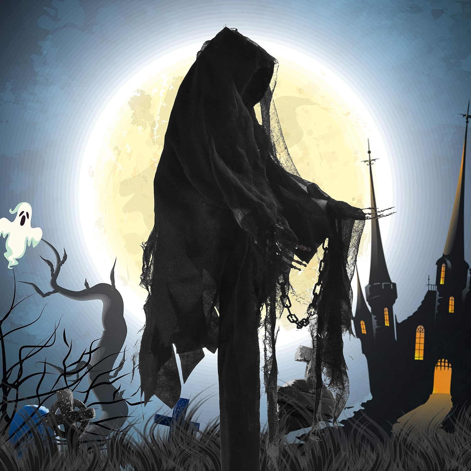 JOYIN 36″ Animated Hanging Grim Reaper Decorations, Faceless Ghost in Black Horror Robe for Best Halloween Hanging Decorations 3