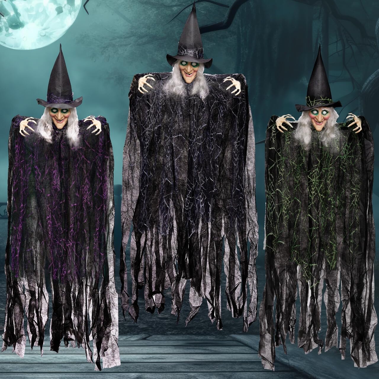 JOYIN 3 Pcs 35″ Flying Witch Halloween Decorations Outdoor Indoor Hanging Ghost Decor, Scary Haunted House for Lawn Garden Yard Large
