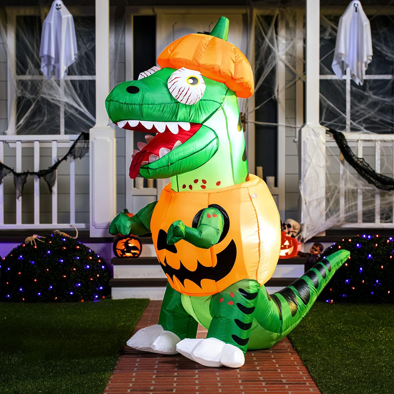 Joiedomi 6 Ft Tall Inflatable Dinosaur Trick Or Treat Halloween Inflatable Yard Decoration with Build-in LEDs Inflatable Pumpkin for Halloween Party Indoor, Outdoor, Yard, Garden, Lawn Decorations