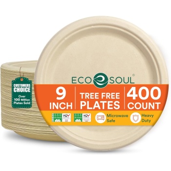 ECO SOUL 23 cm Round Disposable Plates [Pack of 400] | 100% Compostable Bagasse Plates Made of Sugarcane | Biodegradable, Environmentally Friendly, Microwave Safe & Stable