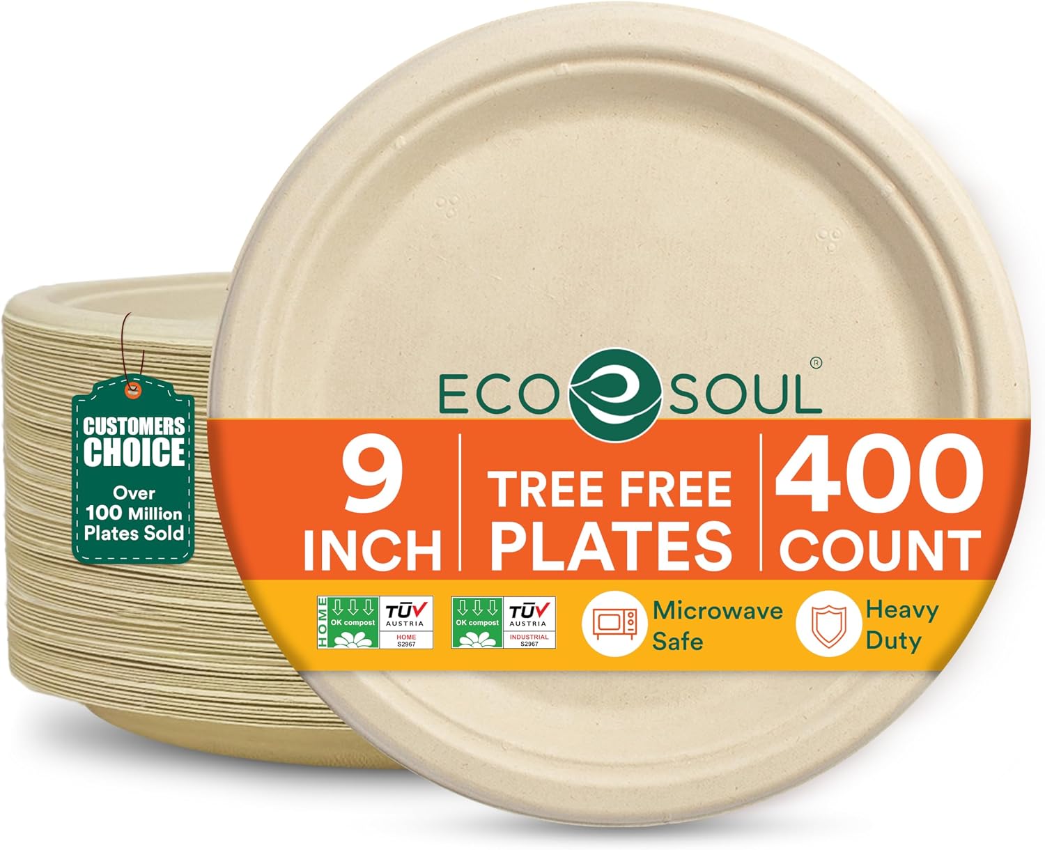ECO SOUL 23 cm Round Disposable Plates [Pack of 400] | 100% Compostable Bagasse Plates Made of Sugarcane | Biodegradable, Environmentally Friendly, Microwave Safe & Stable
