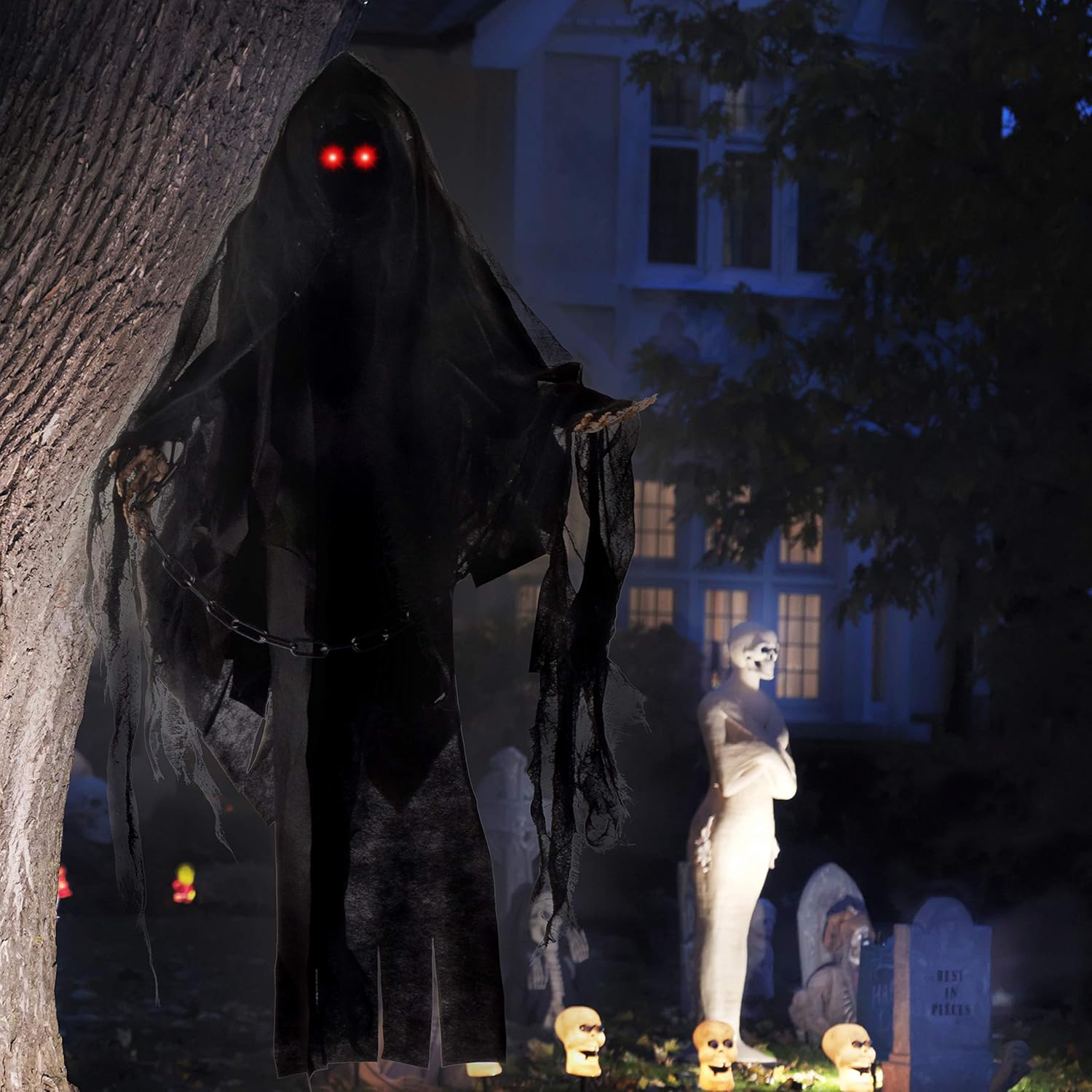 JOYIN 36″ Animated Hanging Grim Reaper Decorations, Faceless Ghost in Black Horror Robe for Best Halloween Hanging Decorations 2