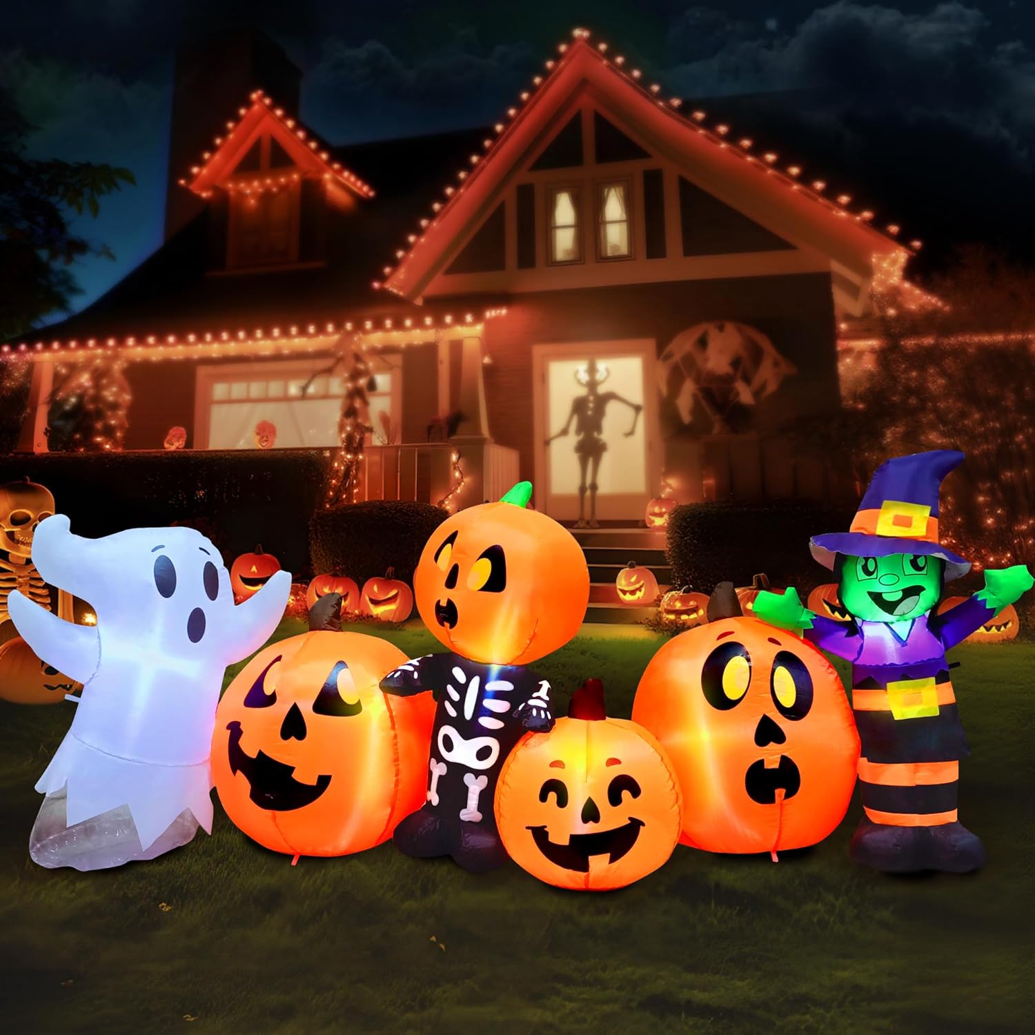 Joiedomi 8 ft Long Halloween Inflatable Three Characters and Pumpkin Patch Outdoor Decoration, Blow Up Inflatables Witch Ghost Skeleton Yard Decorations with LEDs for Party Yard Lawn Garden Decor 3