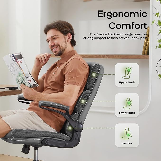 amseatec Home Office Desk Chair, Leather Flip-Up Armrests Comfy Task Chair 3