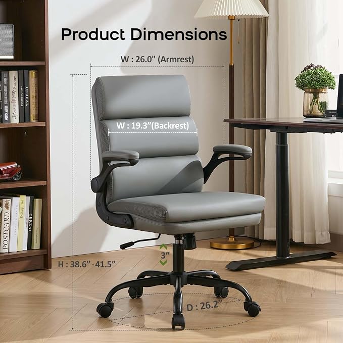 amseatec Home Office Desk Chair, Leather Flip-Up Armrests Comfy Task Chair 4