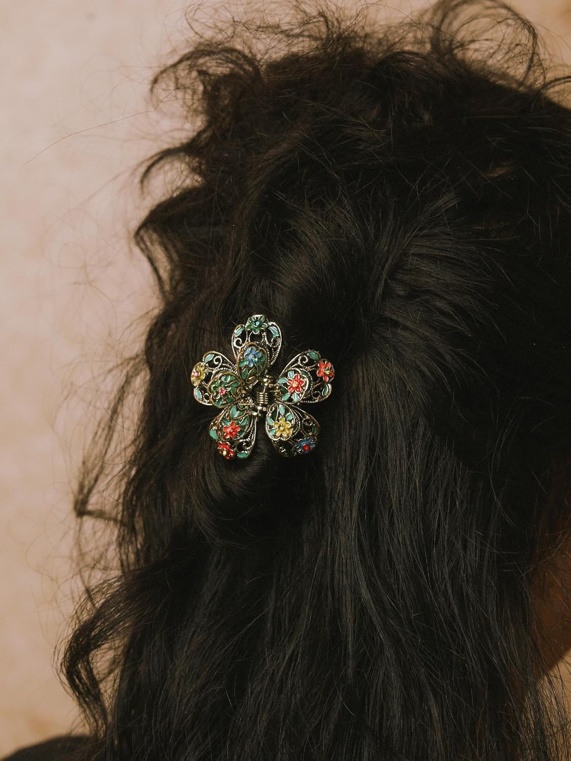 MINACHI Vintage Antique Gold-tone Enamel Flower Hair Claw 3