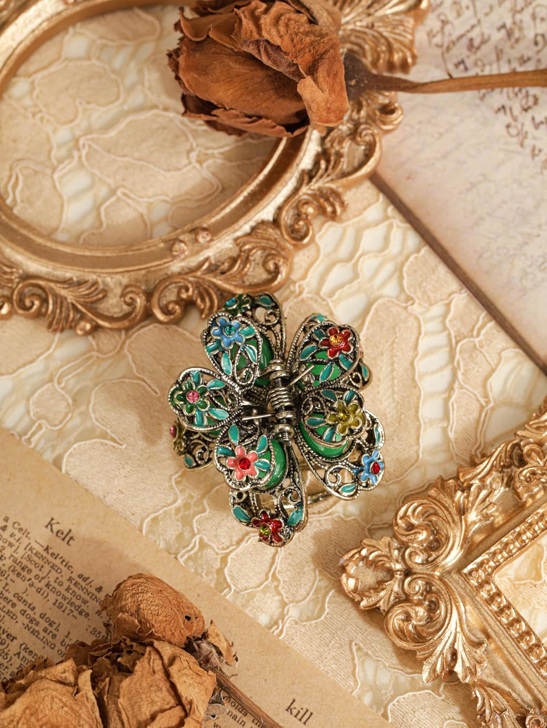 MINACHI Vintage Antique Gold-tone Enamel Flower Hair Claw 5