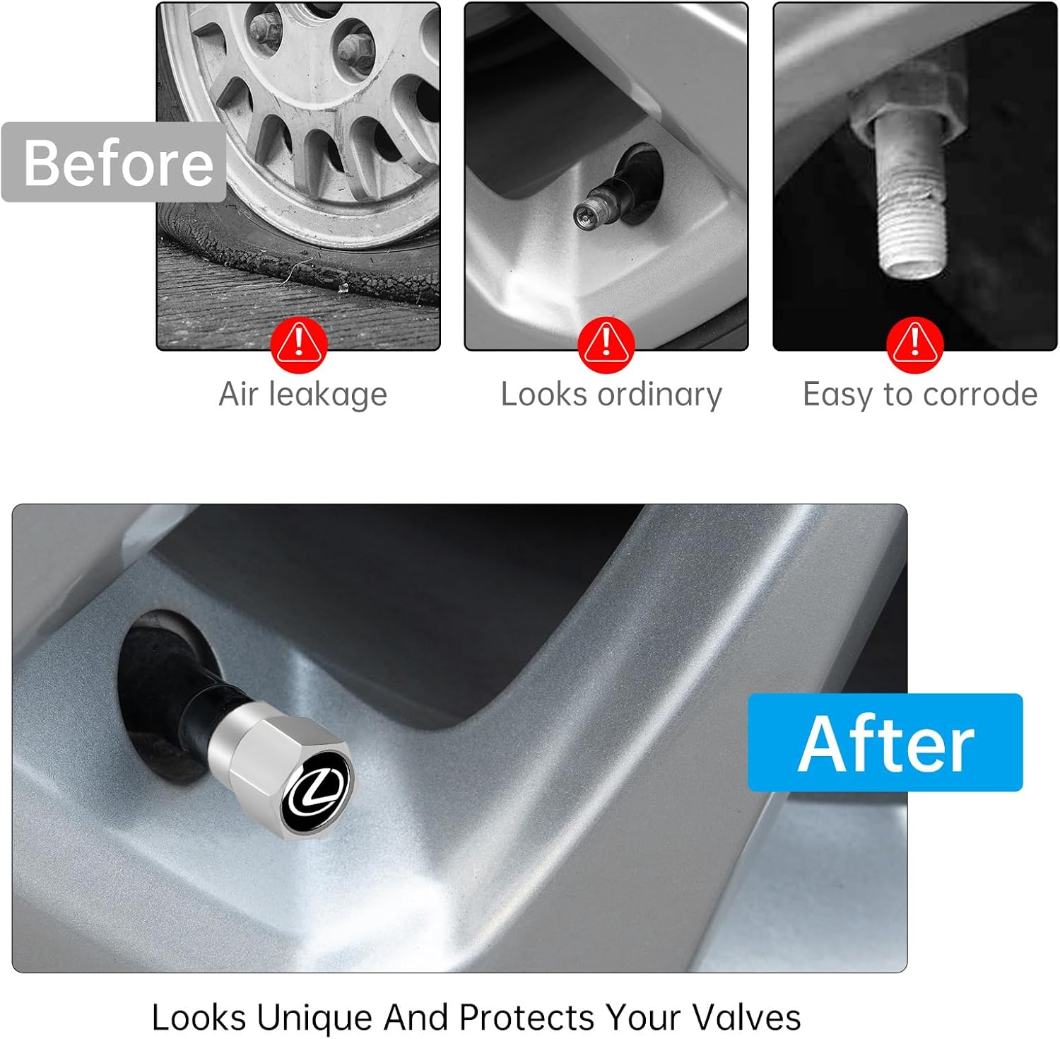 Tire Valve Stem Caps Cover Fit for Lexus RX ES GS LS NX RS GX LX RC LC RX350 is250 GX460 Metal Car Wheel Air caps Auto Valve Stem Caps Accessories 4 Pack Silver 3