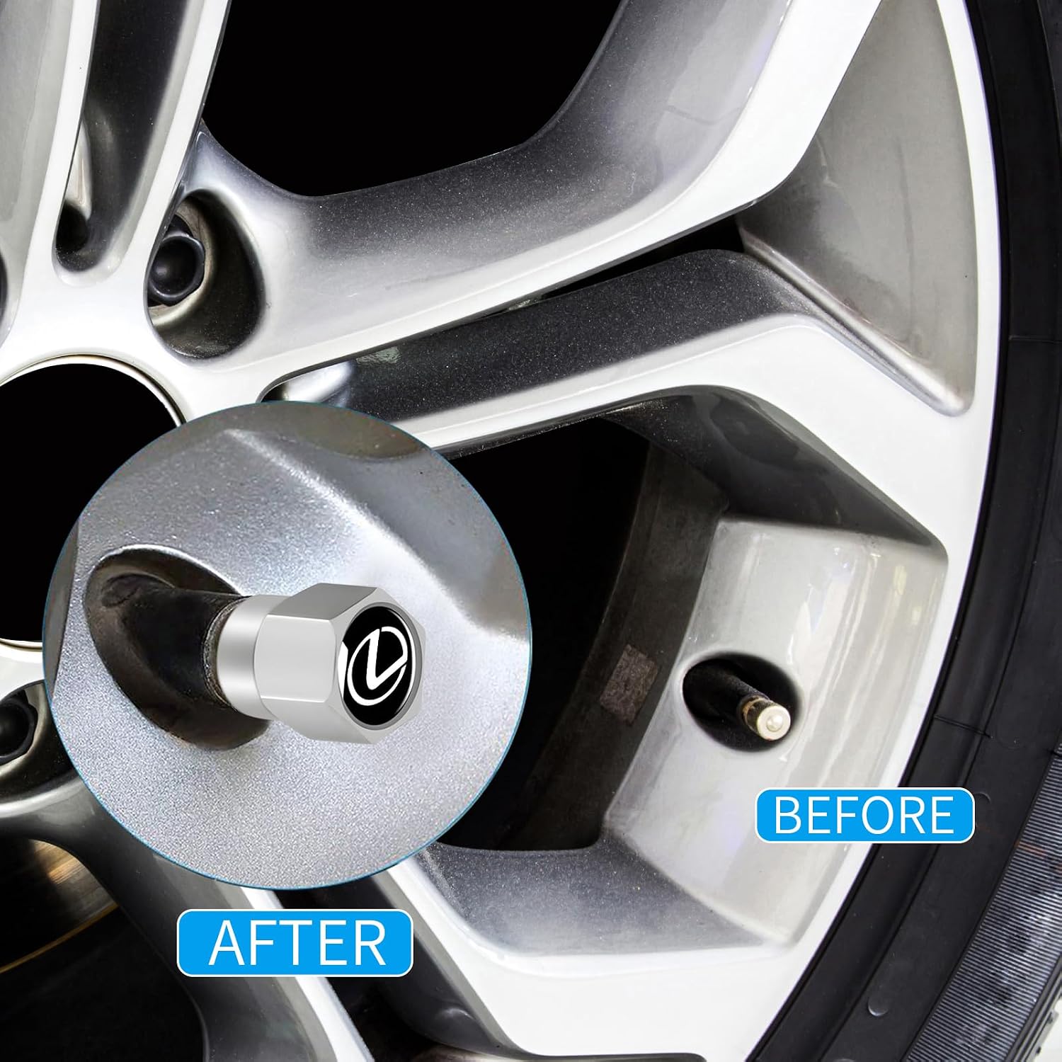 Tire Valve Stem Caps Cover Fit for Lexus RX ES GS LS NX RS GX LX RC LC RX350 is250 GX460 Metal Car Wheel Air caps Auto Valve Stem Caps Accessories 4 Pack Silver 4